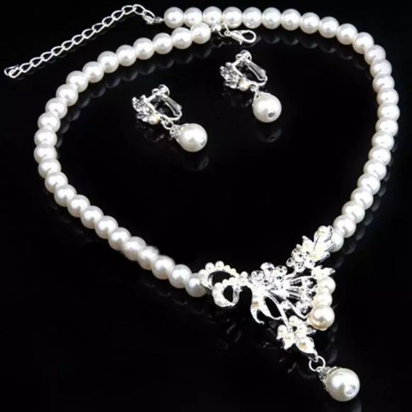 Female Jewelry Set Crystal Pearl Silver Plated Nec - Picture 1 of 6